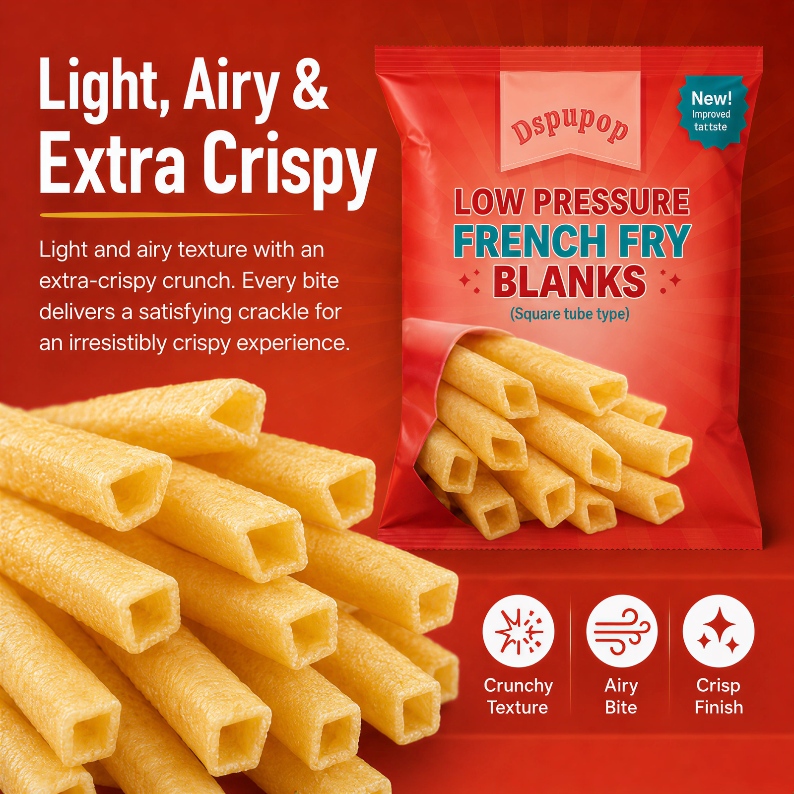 Dspupop Fries,Puffed Snack With a Crispy Texture, Perfect for Family Snacks, Party Appetizers, Restaurant Sides, and Family Gatherings,3.5 oz Per Bag (4, Square)
