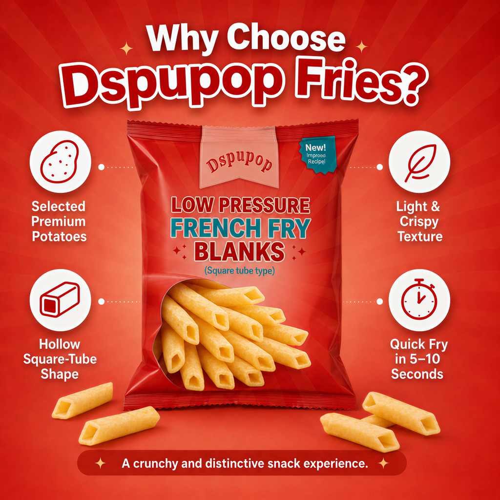 Dspupop Fries,Puffed Snack With a Crispy Texture, Perfect for Family Snacks, Party Appetizers, Restaurant Sides, and Family Gatherings,3.5 oz Per Bag (2, Square)