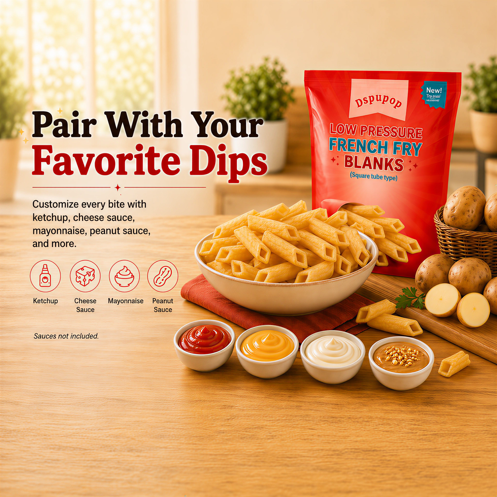 Dspupop Fries,Puffed Snack With a Crispy Texture, Perfect for Family Snacks, Party Appetizers, Restaurant Sides, and Family Gatherings,3.5 oz Per Bag (2, Square)