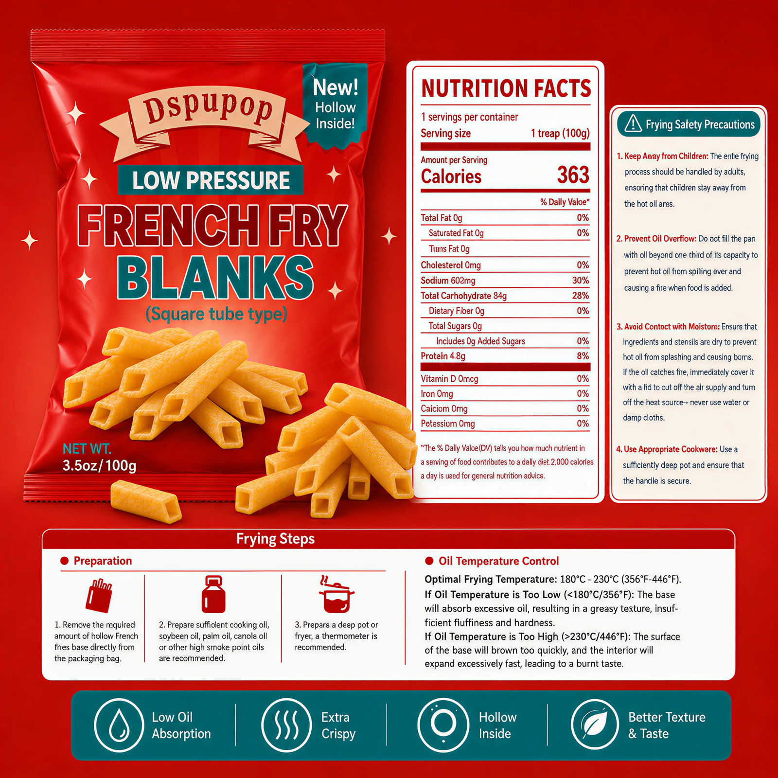 Dspupop Fries,Puffed Snack With a Crispy Texture, Perfect for Family Snacks, Party Appetizers, Restaurant Sides, and Family Gatherings,3.5 oz Per Bag (2, Square)
